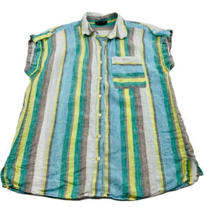 Lord & Tylor Blouse Women Size Medium multicolored short‎ sleeves 100% Linen